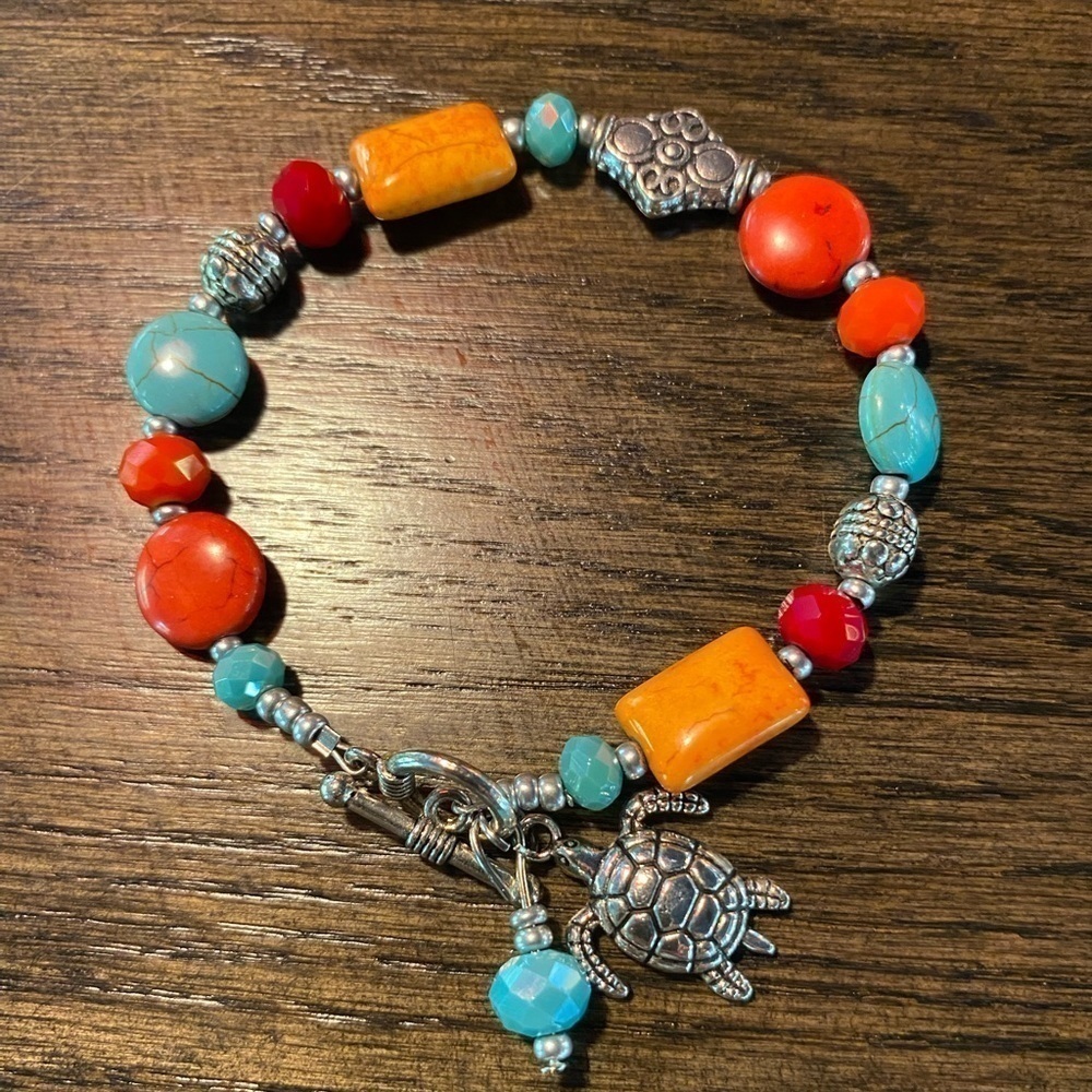 Nautical Stone & Glass Bead Bracelet fits 7” wrist ((GD)